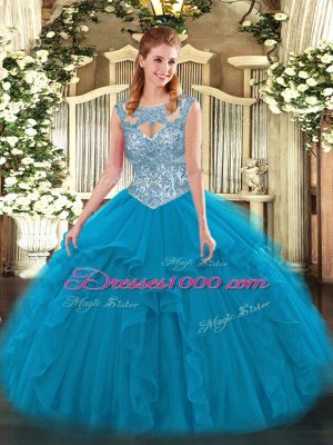Blue Ball Gowns Scoop Sleeveless Tulle Floor Length Lace Up Beading and Ruffles Vestidos de Quinceanera