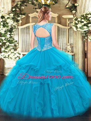Blue Ball Gowns Scoop Sleeveless Tulle Floor Length Lace Up Beading and Ruffles Vestidos de Quinceanera
