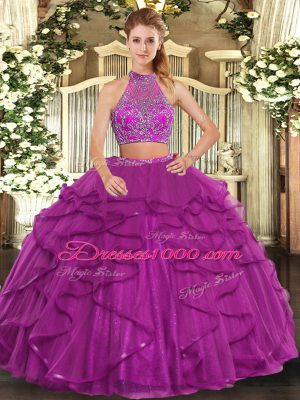 Tulle Halter Top Sleeveless Criss Cross Beading and Ruffled Layers Quinceanera Gown in Fuchsia