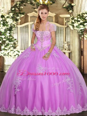 Cheap Lilac Lace Up Strapless Appliques Quinceanera Dresses Tulle Sleeveless