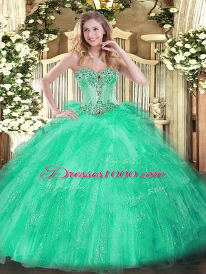 Decent Apple Green Sweetheart Lace Up Beading and Ruffles Ball Gown Prom Dress Sleeveless