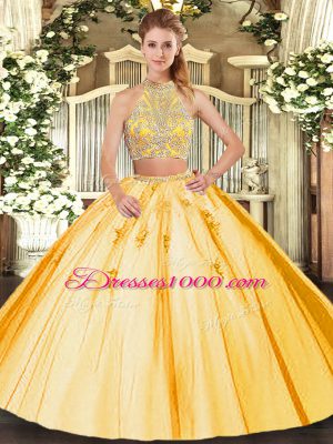 Modest Gold Two Pieces Beading and Appliques Quinceanera Dresses Criss Cross Tulle Sleeveless Floor Length
