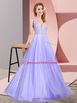 Custom Design Sleeveless Floor Length Lace Zipper Dress for Prom with Lavender
