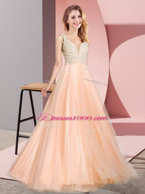 Sexy Floor Length Peach Evening Dress Tulle Sleeveless Lace