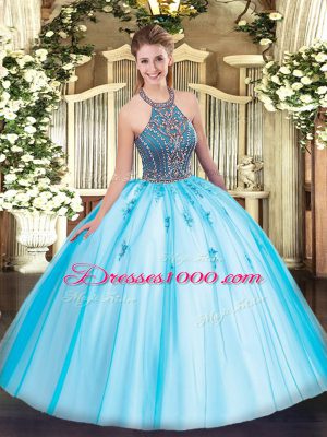 Floor Length Aqua Blue Quinceanera Gown Halter Top Sleeveless Lace Up