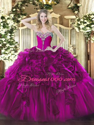 Customized Floor Length Lace Up Vestidos de Quinceanera Fuchsia for Military Ball and Sweet 16 and Quinceanera with Beading and Ruffles