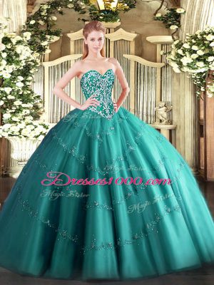 Delicate Tulle Sweetheart Sleeveless Lace Up Beading and Appliques Quinceanera Dress in Teal