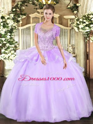 Graceful Scoop Sleeveless Sweet 16 Dress Floor Length Beading and Ruffles Lavender Tulle