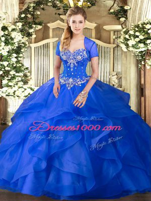 Blue Quince Ball Gowns Military Ball and Sweet 16 and Quinceanera with Beading and Ruffles Sweetheart Sleeveless Lace Up