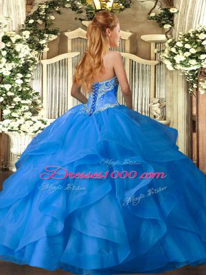 Blue Quince Ball Gowns Military Ball and Sweet 16 and Quinceanera with Beading and Ruffles Sweetheart Sleeveless Lace Up