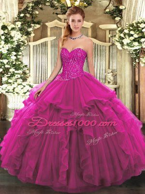 Artistic Sleeveless Floor Length Beading and Ruffles Lace Up Quinceanera Dresses with Fuchsia
