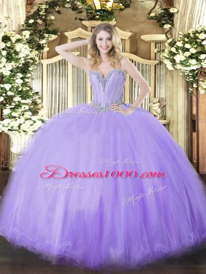 Popular Lavender Ball Gowns Sweetheart Sleeveless Tulle Floor Length Lace Up Beading Quince Ball Gowns