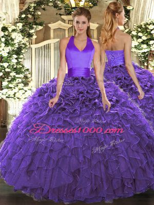 Luxury Purple Sweet 16 Dresses Military Ball and Sweet 16 and Quinceanera with Ruffles Halter Top Sleeveless Lace Up