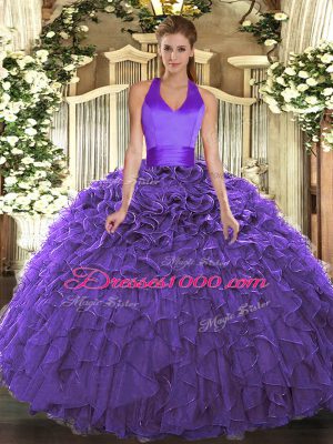 Luxury Purple Sweet 16 Dresses Military Ball and Sweet 16 and Quinceanera with Ruffles Halter Top Sleeveless Lace Up