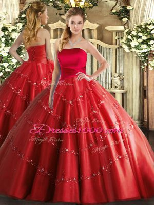 Sophisticated Red Tulle Lace Up Strapless Sleeveless Floor Length Sweet 16 Dresses Appliques