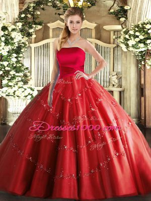 Sophisticated Red Tulle Lace Up Strapless Sleeveless Floor Length Sweet 16 Dresses Appliques