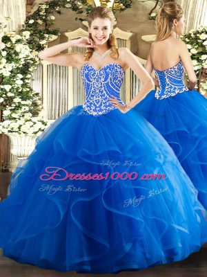 Latest Floor Length Ball Gowns Sleeveless Blue Quinceanera Gown Lace Up