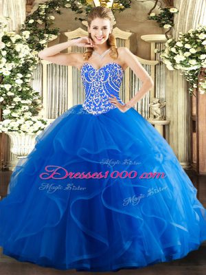 Latest Floor Length Ball Gowns Sleeveless Blue Quinceanera Gown Lace Up