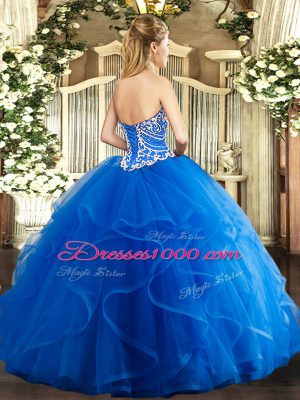 Latest Floor Length Ball Gowns Sleeveless Blue Quinceanera Gown Lace Up