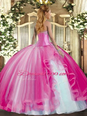 Fuchsia Tulle Lace Up Sweetheart Sleeveless Floor Length Quinceanera Gowns Beading and Ruffles