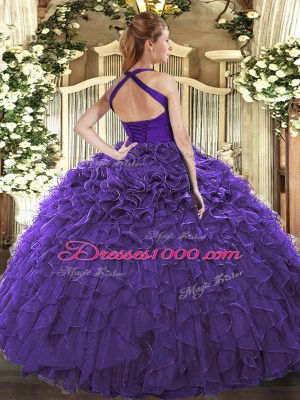 Excellent Fuchsia Halter Top Neckline Ruffles Sweet 16 Dress Sleeveless Lace Up