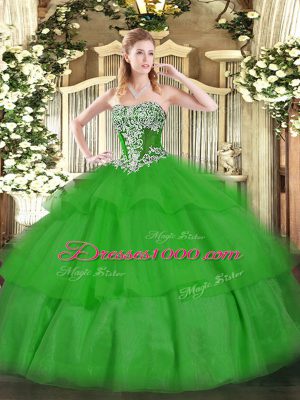 Ball Gowns Quince Ball Gowns Green Strapless Tulle Sleeveless Floor Length Lace Up