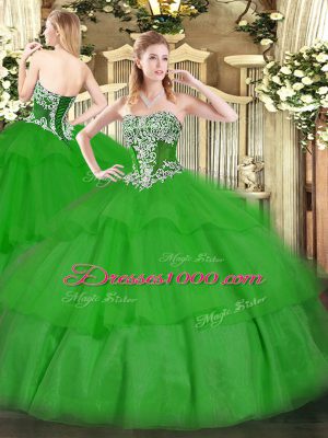 Ball Gowns Quince Ball Gowns Green Strapless Tulle Sleeveless Floor Length Lace Up