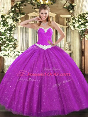 Dynamic Fuchsia Sleeveless Appliques Floor Length Ball Gown Prom Dress