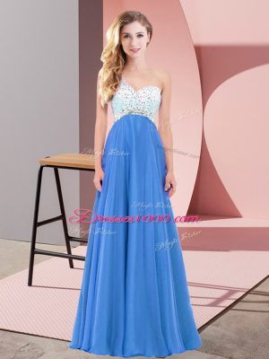 Sleeveless Chiffon Floor Length Criss Cross Prom Dress in Blue with Beading