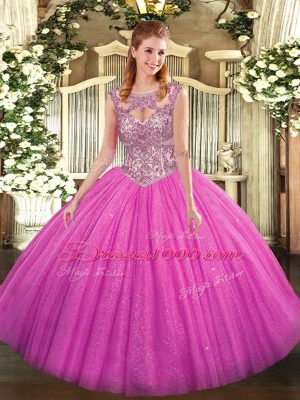 Trendy Fuchsia Lace Up Sweet 16 Dresses Beading Sleeveless Floor Length