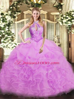 Exquisite Sleeveless Floor Length Beading Lace Up Sweet 16 Dresses with Lilac