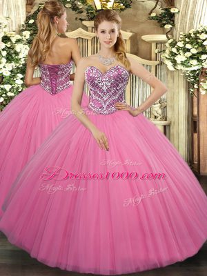 Stylish Beading Quince Ball Gowns Rose Pink Lace Up Sleeveless Floor Length