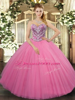 Stylish Beading Quince Ball Gowns Rose Pink Lace Up Sleeveless Floor Length