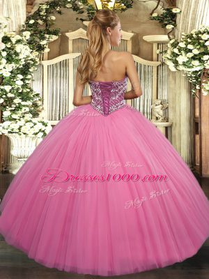 Stylish Beading Quince Ball Gowns Rose Pink Lace Up Sleeveless Floor Length
