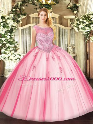 Dazzling Pink Sweet 16 Dresses Sweet 16 and Quinceanera with Beading and Appliques Scoop Sleeveless Zipper
