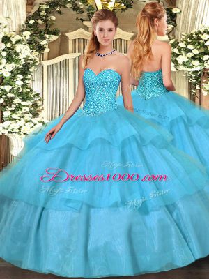 Tulle Sweetheart Sleeveless Lace Up Beading and Ruffled Layers 15 Quinceanera Dress in Aqua Blue