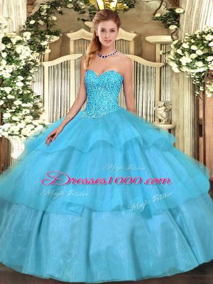 Tulle Sweetheart Sleeveless Lace Up Beading and Ruffled Layers 15 Quinceanera Dress in Aqua Blue