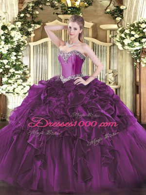 Fabulous Purple Lace Up Quinceanera Gown Beading and Ruffles Sleeveless Floor Length