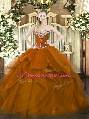Cute Brown Ball Gowns Tulle Sweetheart Sleeveless Beading and Ruffles Floor Length Lace Up Quinceanera Gowns