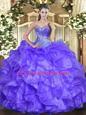 Sweetheart Sleeveless Quinceanera Gown Floor Length Beading and Ruffles Lavender Organza