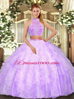 Custom Designed Halter Top Sleeveless Tulle Sweet 16 Dress Beading and Ruffles Criss Cross