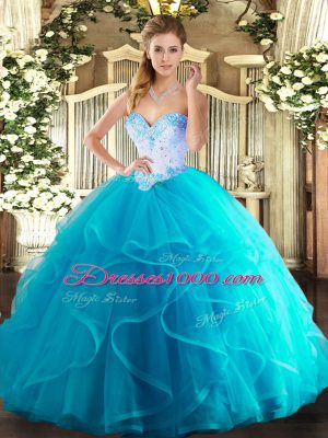 Customized Sweetheart Sleeveless Lace Up 15 Quinceanera Dress Aqua Blue Tulle