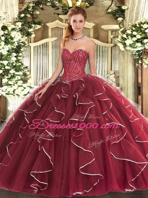 Burgundy Sweetheart Neckline Beading and Ruffles Quinceanera Dresses Sleeveless Lace Up