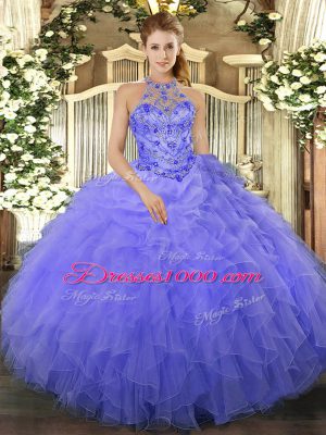 Affordable Halter Top Sleeveless Lace Up Sweet 16 Dress Blue Organza