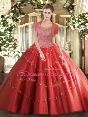 Romantic Floor Length Clasp Handle Ball Gown Prom Dress Coral Red for Military Ball and Sweet 16 and Quinceanera with Beading