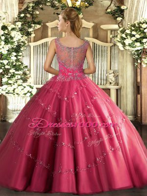 Romantic Floor Length Clasp Handle Ball Gown Prom Dress Coral Red for Military Ball and Sweet 16 and Quinceanera with Beading