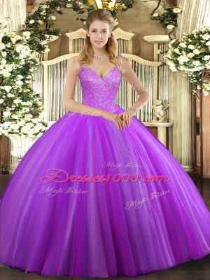 Eggplant Purple Ball Gowns Beading Quinceanera Gown Lace Up Tulle Sleeveless Floor Length