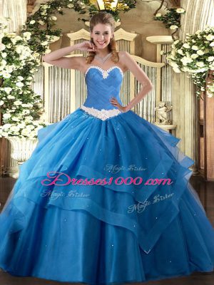 Dynamic Floor Length Lace Up Sweet 16 Dresses Baby Blue for Military Ball and Sweet 16 and Quinceanera with Appliques and Ruffled Layers