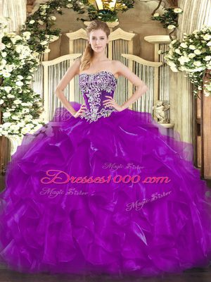 Purple Organza Lace Up Strapless Sleeveless Floor Length Sweet 16 Dresses Beading and Ruffles