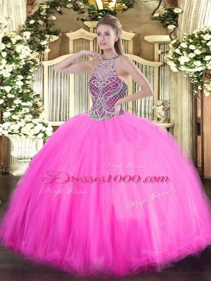 Sophisticated Tulle Halter Top Sleeveless Lace Up Beading Ball Gown Prom Dress in Rose Pink